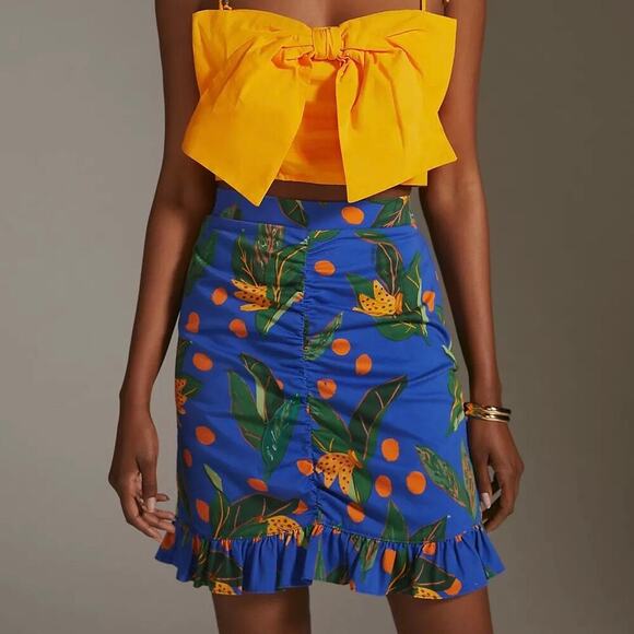 Farm Rio x Anthropologie Ruched Mini Skirt Blue XXS - Picture 1 of 4